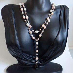 Freshwater 2 Strand Pink & White Pearl Y Drop Necklace on Silver Chain
